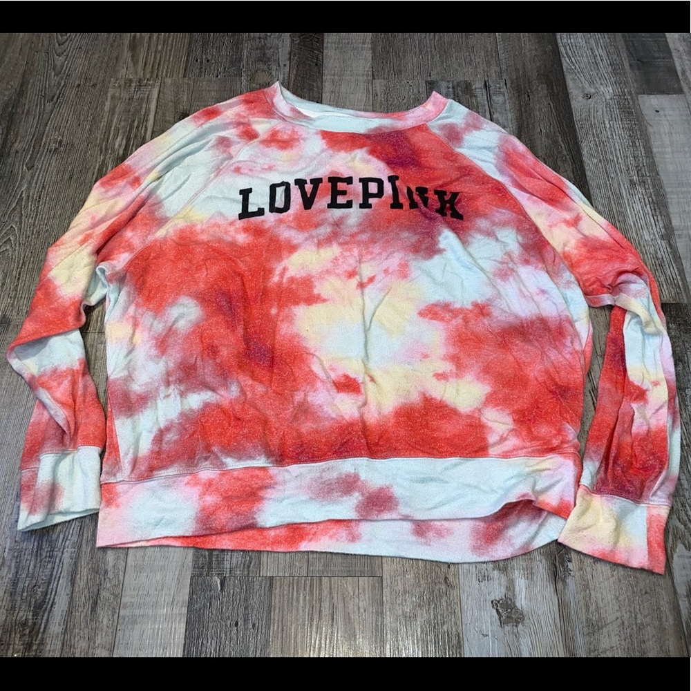 PINK Victoria's Secret Red & White Tie-Dye LOVE PINK Sweatshirt